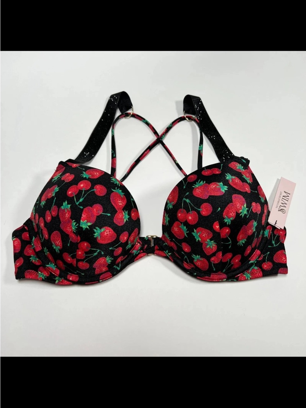 Victoria's Secret Black Push-Up Bikini Top with Red Cherry Print